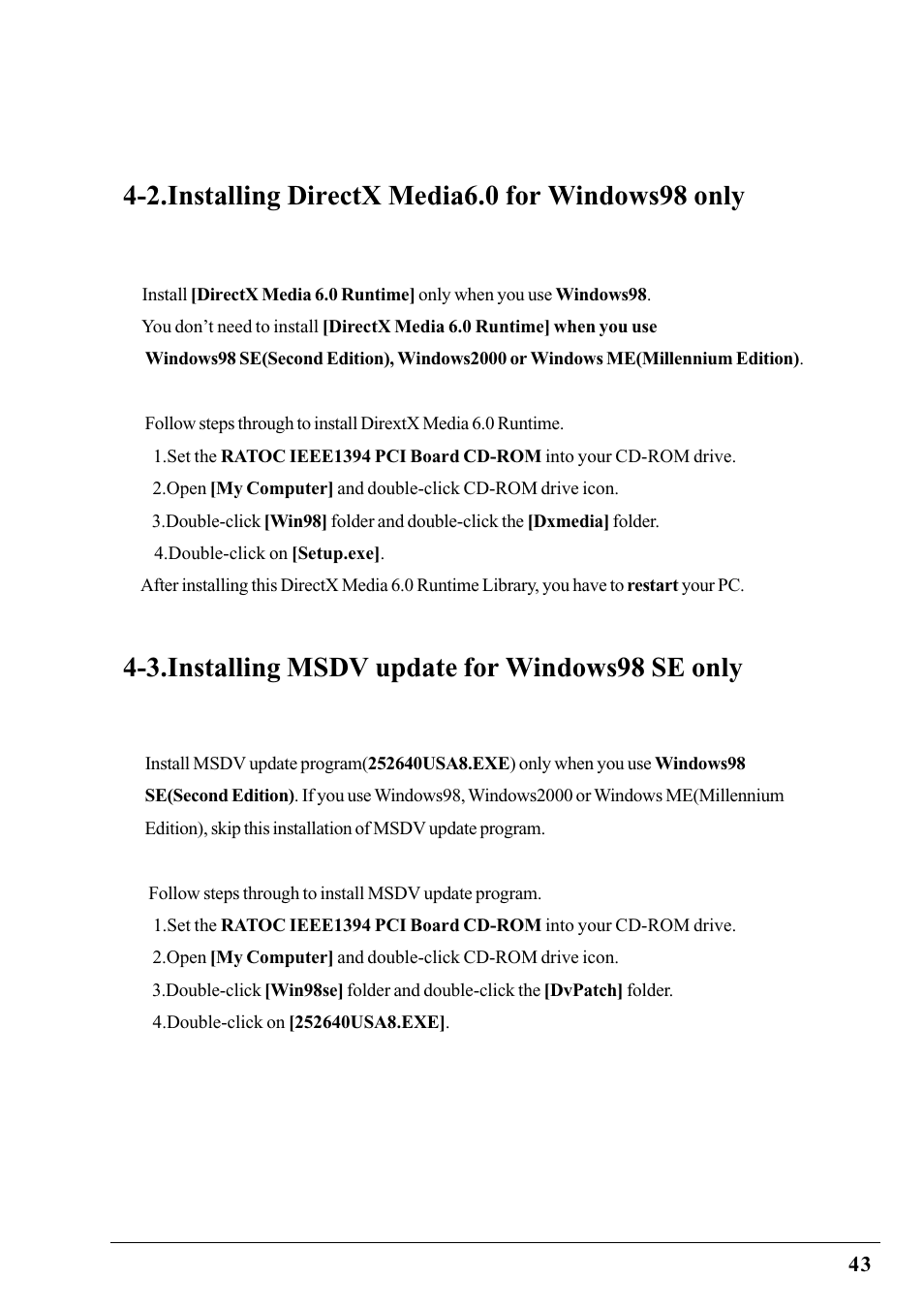 2.installing directx media6.0 for windows98 only, 3.installing msdv update for windows98 se only | Ratoc Systems PCIFW1U User Manual | Page 46 / 92