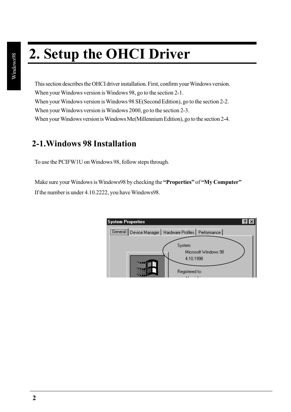 2.package confirmation, Setup the ohci driver, 1.windows 98 installation | Ratoc Systems PCIFW1U User Manual | Page 5 / 92