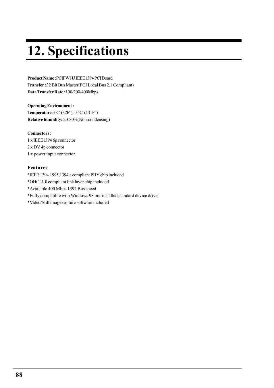 Specifications | Ratoc Systems PCIFW1U User Manual | Page 91 / 92