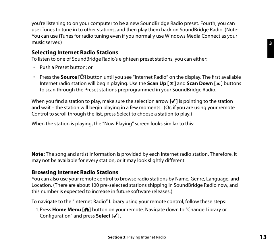 Selecting internet radio stations, Browsing internet radio stations | Roku SoundBridge Wi-Fi Music System User Manual | Page 14 / 85