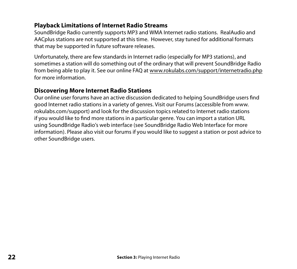 Playback limitations of internet radio streams, Discovering more internet radio stations | Roku SoundBridge Wi-Fi Music System User Manual | Page 23 / 85