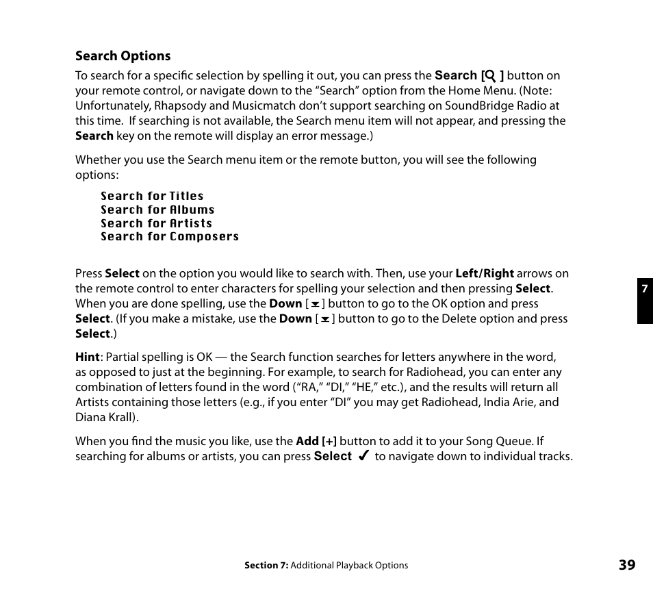 Search options | Roku SoundBridge Wi-Fi Music System User Manual | Page 40 / 85