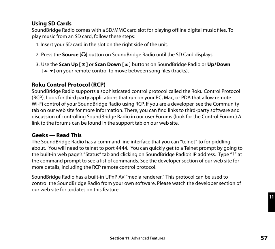 Using sd cards, Telnet interface, Roku control protocol | Roku SoundBridge Wi-Fi Music System User Manual | Page 58 / 85