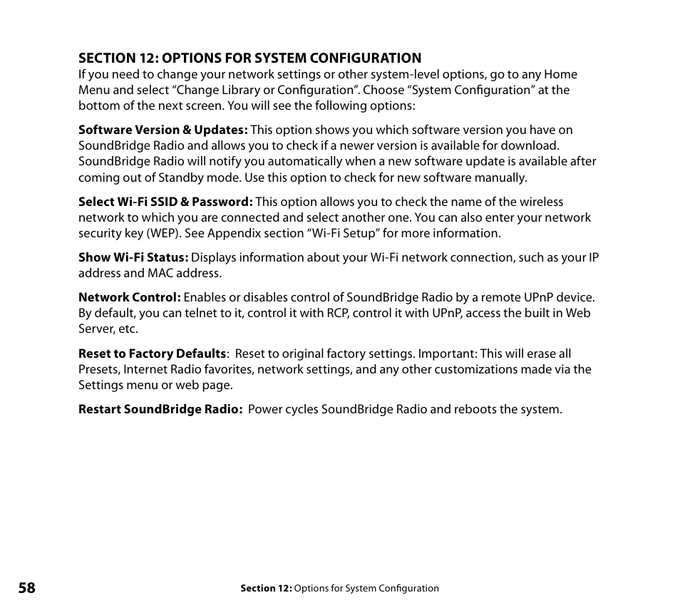 System configuration options | Roku SoundBridge Wi-Fi Music System User Manual | Page 59 / 85