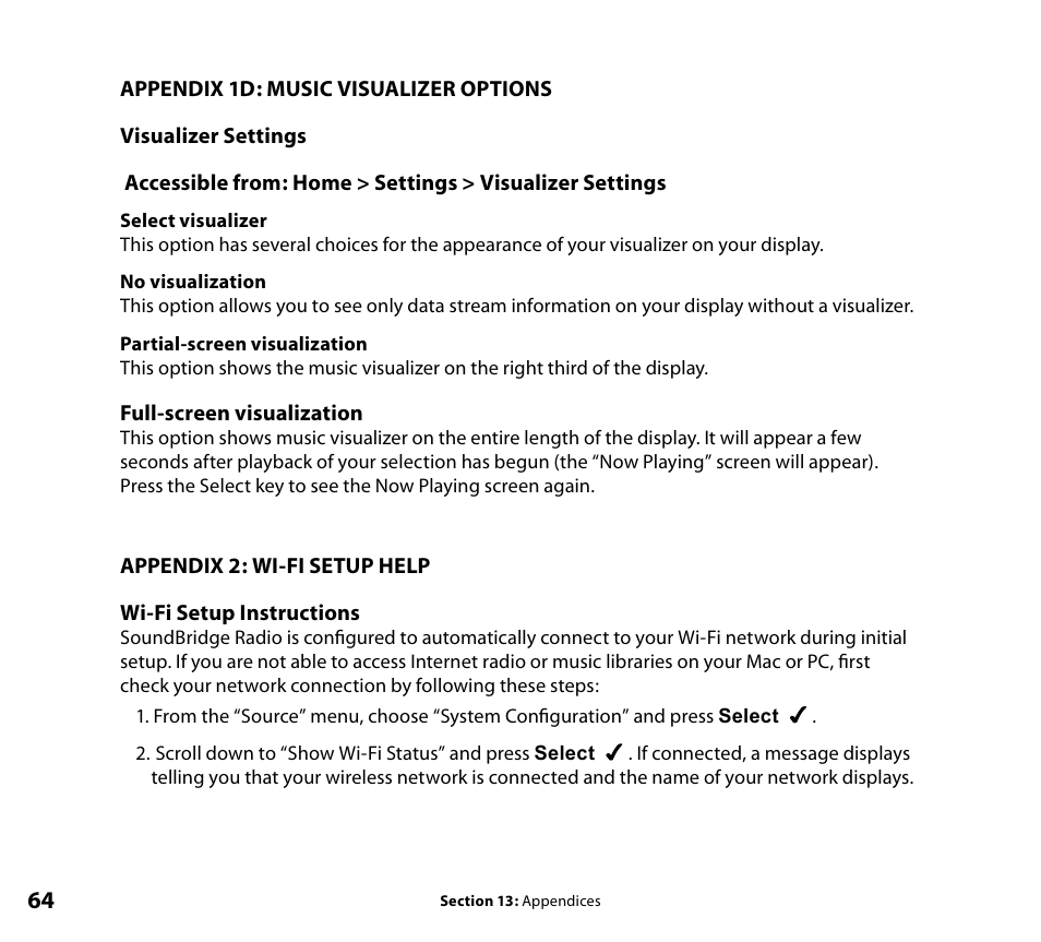 Music visualizer options, Wi-fi setup instructions | Roku SoundBridge Wi-Fi Music System User Manual | Page 65 / 85