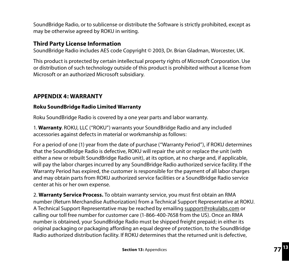 Warranty | Roku SoundBridge Wi-Fi Music System User Manual | Page 78 / 85