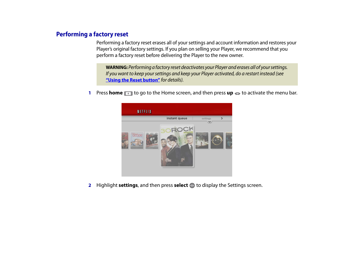 Performing a factory reset | Roku Digital Video Player User Manual | Page 42 / 54