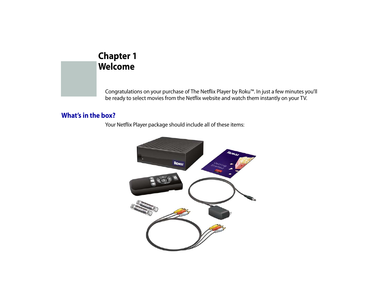 Welcome, What’s in the box, Chapter 1 | Roku Digital Video Player User Manual | Page 5 / 54