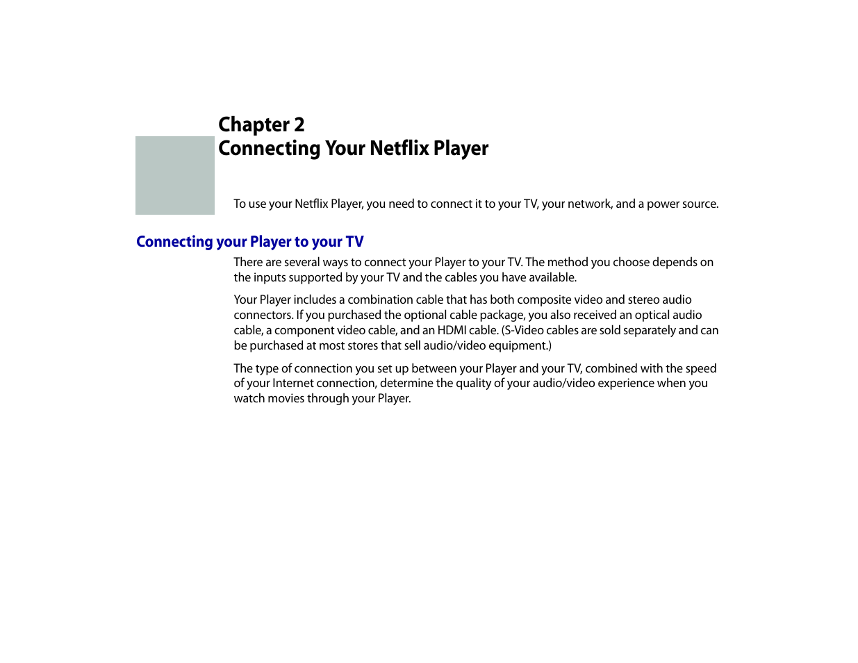 Connecting your netflix player, Connecting your player to your tv, Chapter 2 | Roku Digital Video Player User Manual | Page 9 / 54