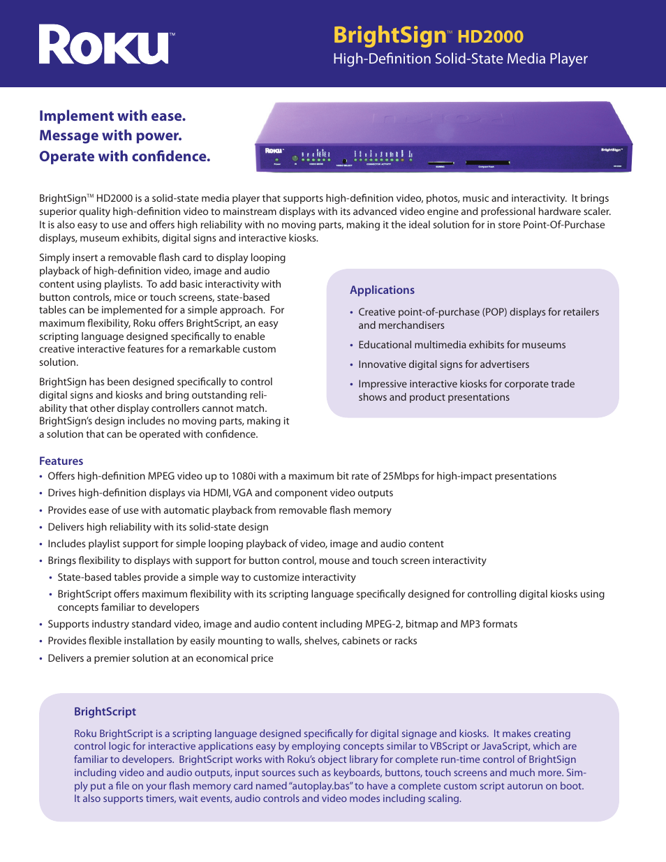 Roku BrightSign HD2000 User Manual | 2 pages