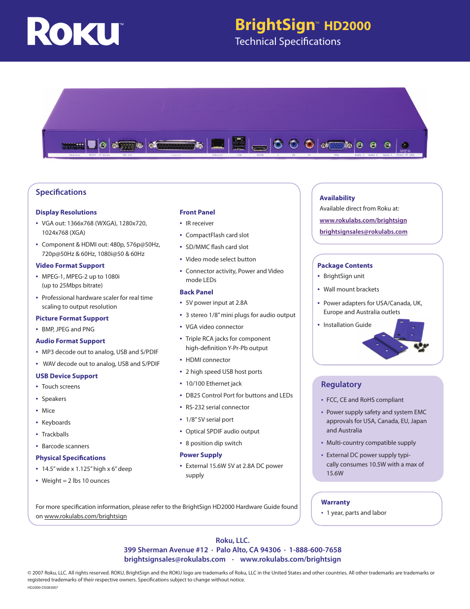 Brightsign, Hd2000, Technical specifications | Roku BrightSign HD2000 User Manual | Page 2 / 2