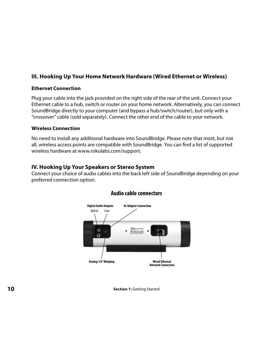 Rear panel, Connection to home network, Connection to stereo system | Audio cable connectors, Iv. hooking up your speakers or stereo system | Roku Music Player User Manual | Page 11 / 89