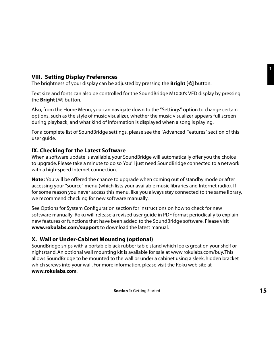 Setting display preferences, Checking for latest software version, Wall mounting / under-cabinet mounting | Roku Music Player User Manual | Page 16 / 89