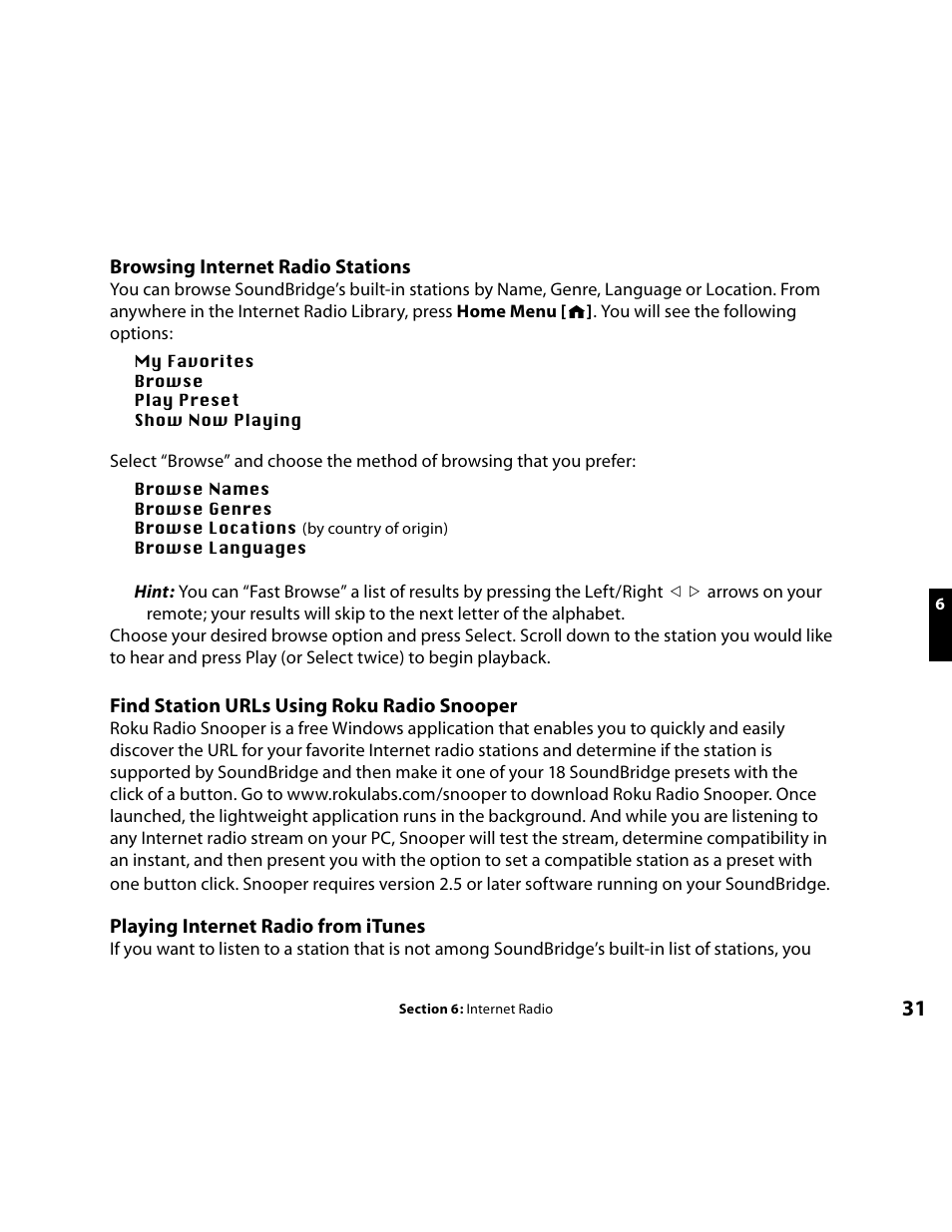 Browsing internet radio stations, Finding station urls using roku radio snooper, Playing internet radio from itunes | Roku Music Player User Manual | Page 32 / 89