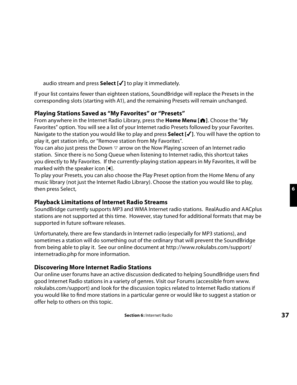 Playback limitations of internet radio streams, Discovering more internet radio stations | Roku Music Player User Manual | Page 38 / 89