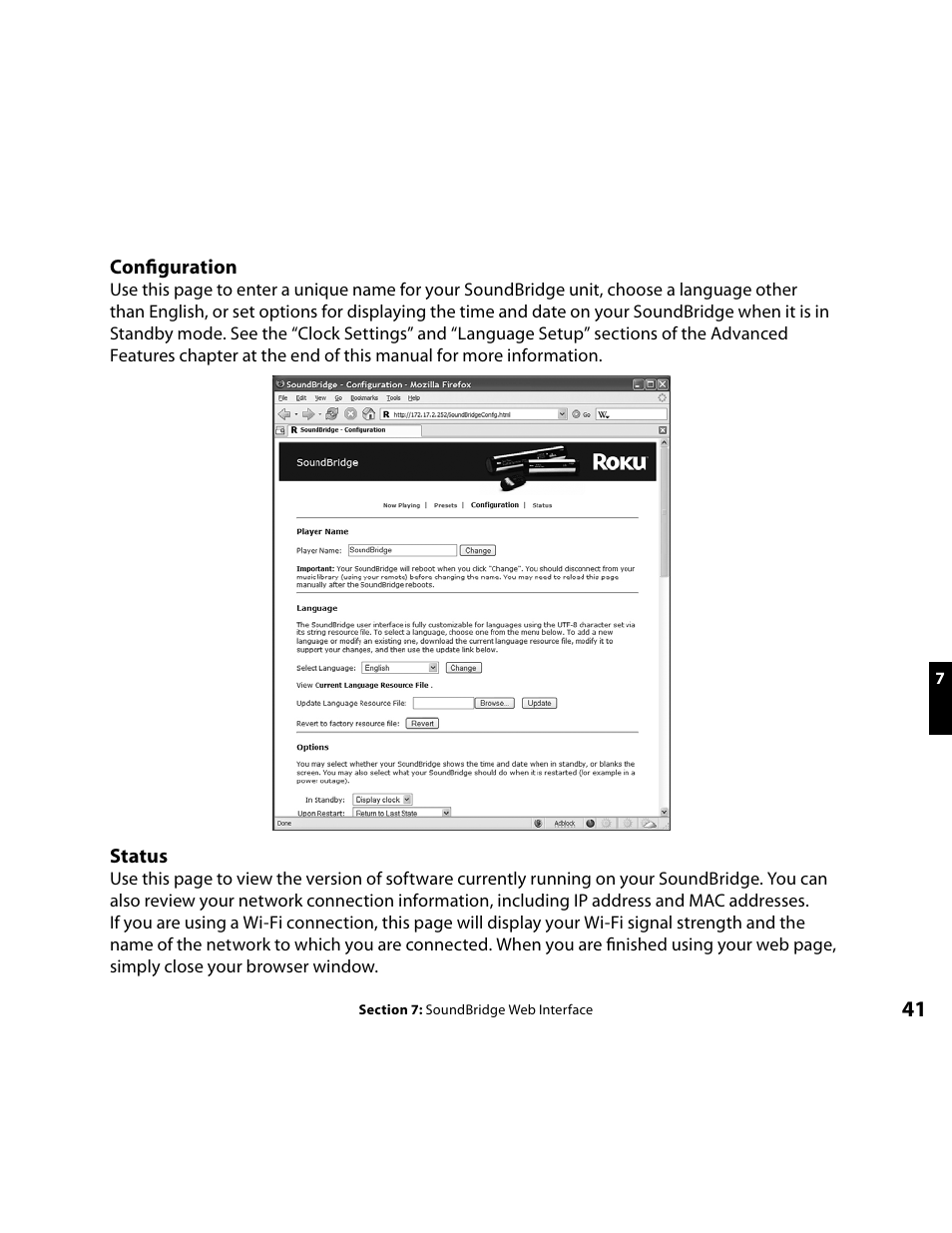 Configuration, Status | Roku Music Player User Manual | Page 42 / 89