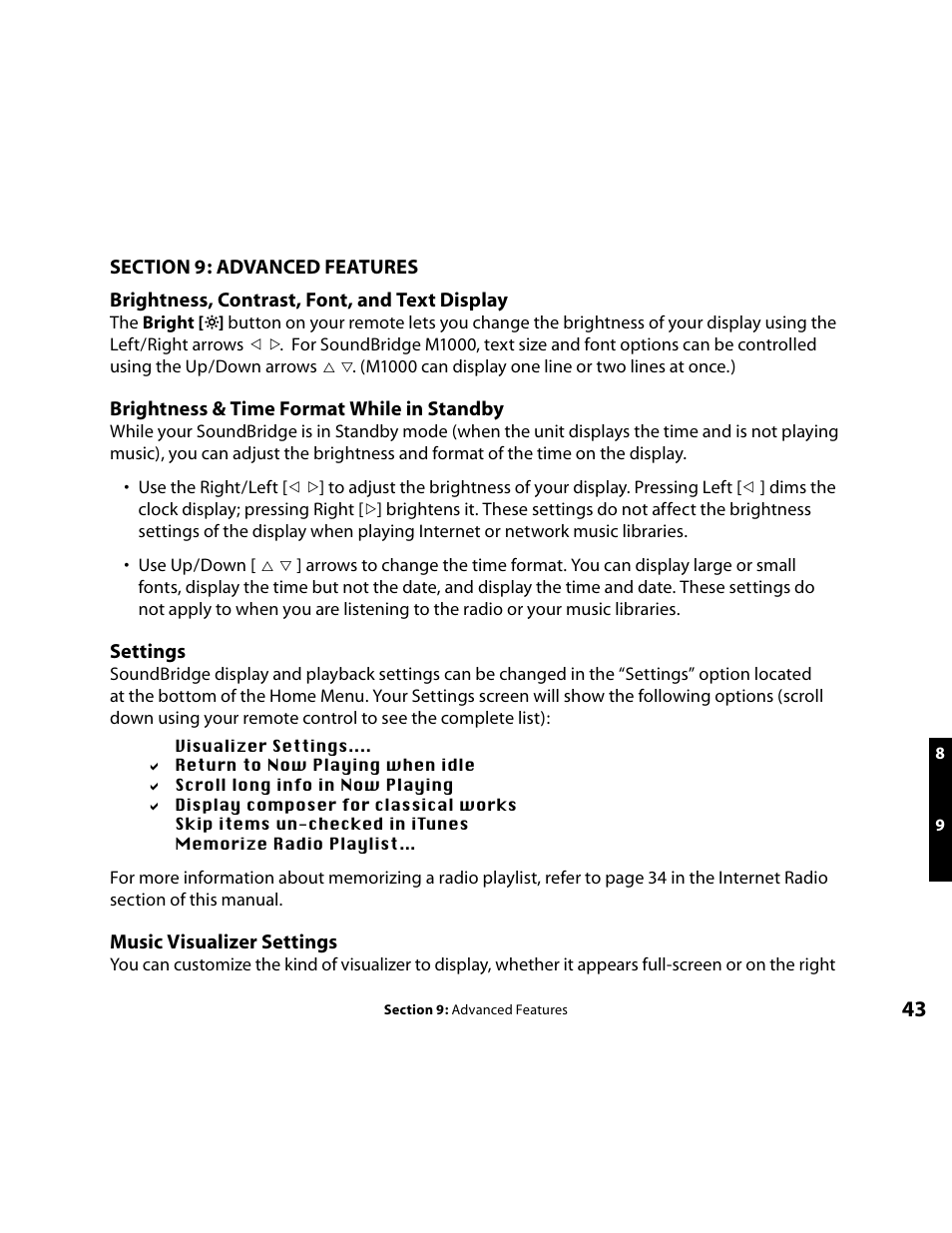 Advanced features, Brightness / contrast / font / text display, Brightness & time format while in standby | Settings | Roku Music Player User Manual | Page 44 / 89