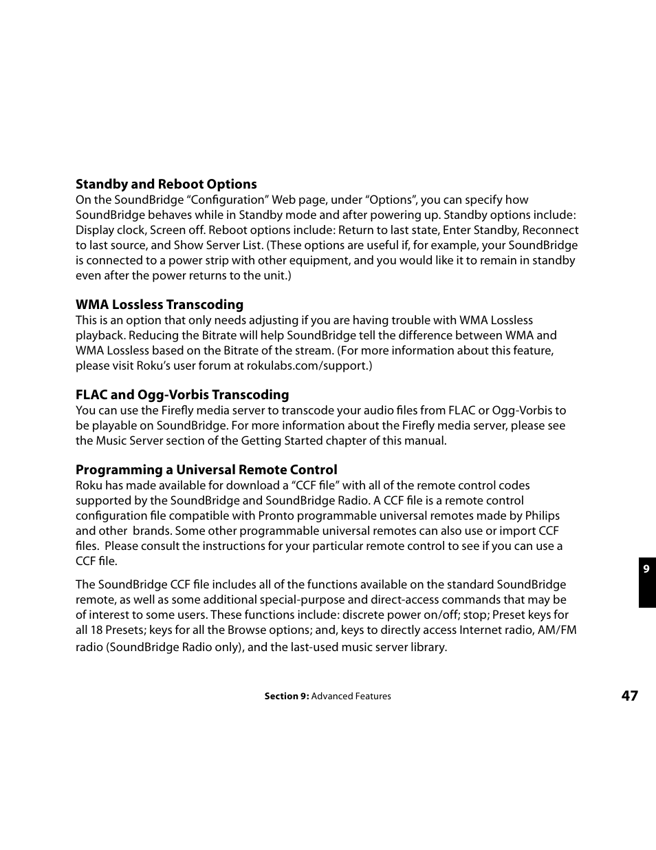 Standby and reboot options, Wma lossless transcoding, Flac and ogg-vorbis transcoding | Programming a universal remote control | Roku Music Player User Manual | Page 48 / 89