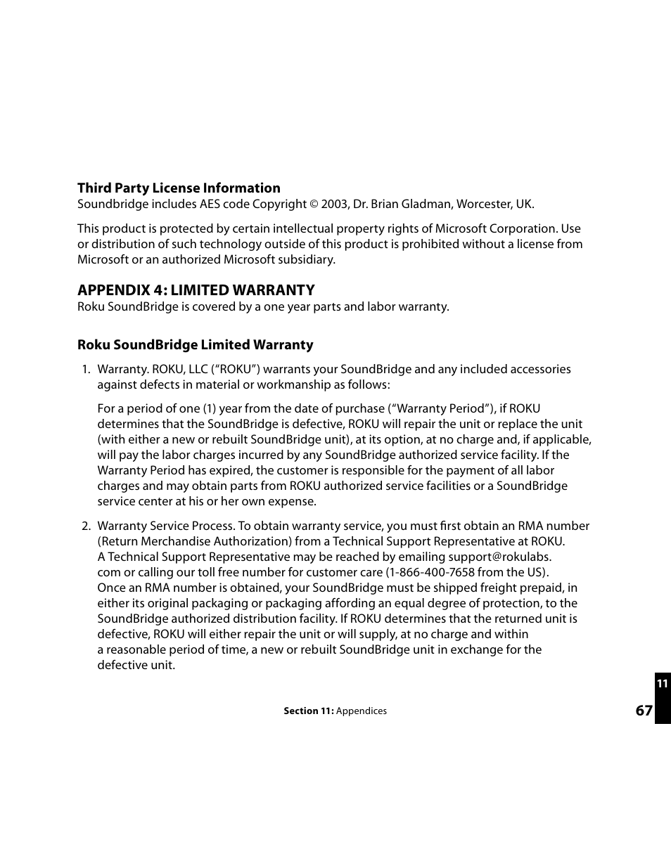 Warranty, Appendix 4: limited warranty | Roku Music Player User Manual | Page 68 / 89