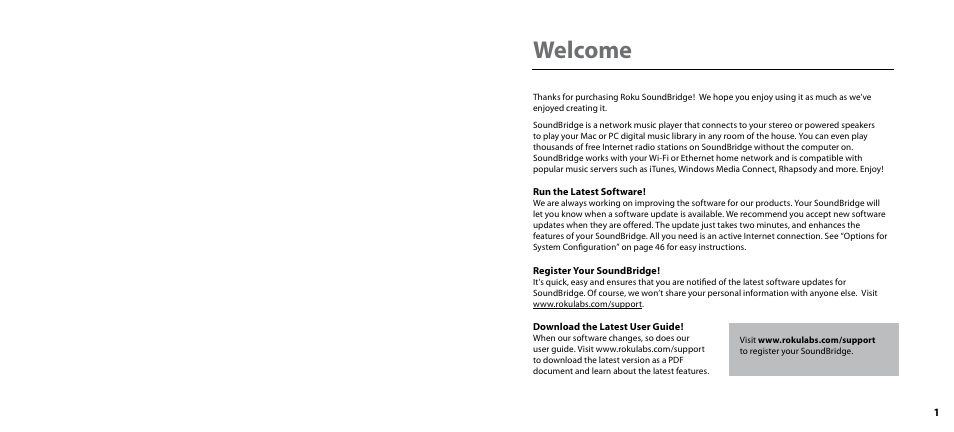 Welcome | Roku SoundBridge Network Music Player User Manual | Page 2 / 40
