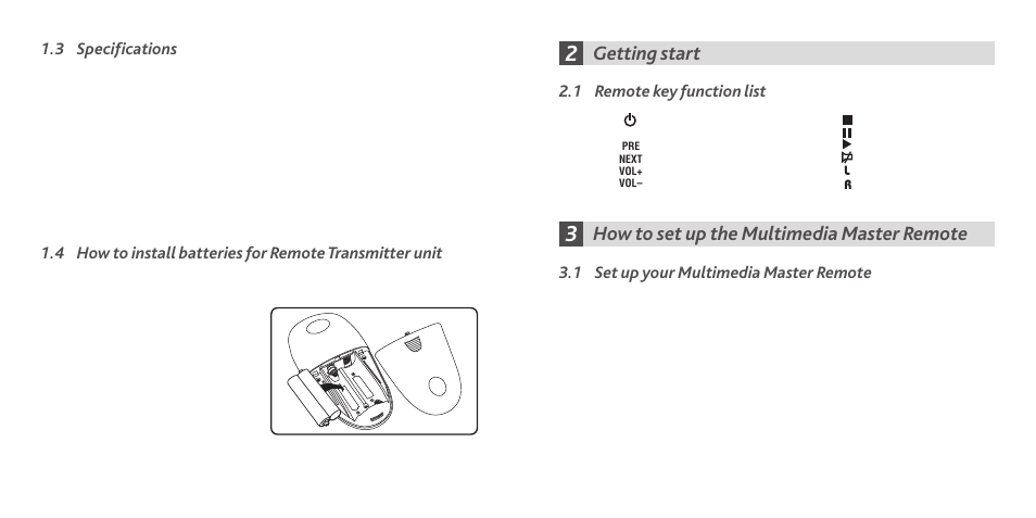 Getting start, How to set up the multimedia master remote, 3 specifications | 1 remote key function list, 1 set up your multimedia master remote | Remotec Multimedia Master Remote User Manual | Page 3 / 19