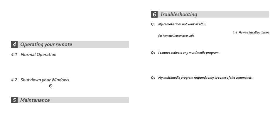 Operating your remote, Maintenance, Troubleshooting | 1 normal operation, 2 shut down your windows | Remotec Multimedia Master Remote User Manual | Page 4 / 19