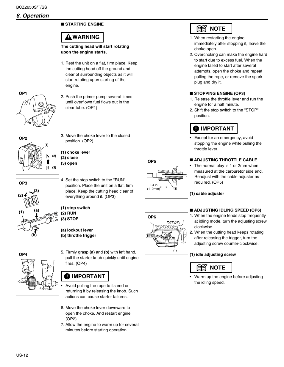 Operation, Important warning | RedMax BCZ2650SS User Manual | Page 14 / 76