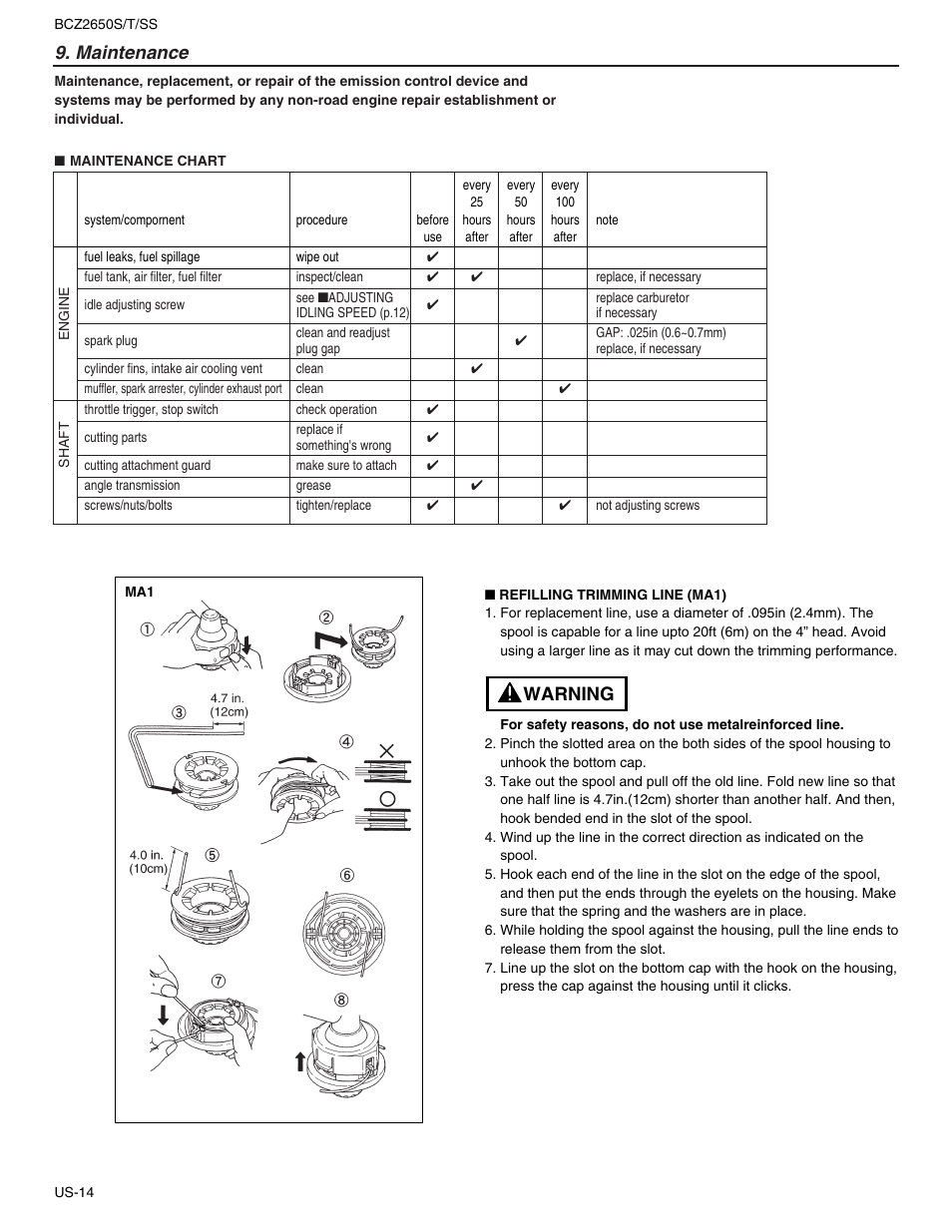 Maintenance, Warning | RedMax BCZ2650SS User Manual | Page 16 / 76