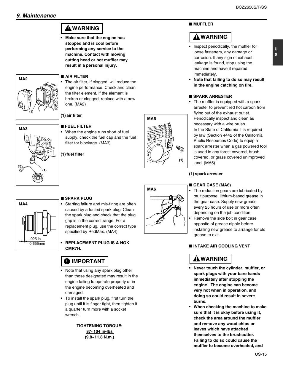 Important warning, Maintenance, Warning | RedMax BCZ2650SS User Manual | Page 17 / 76