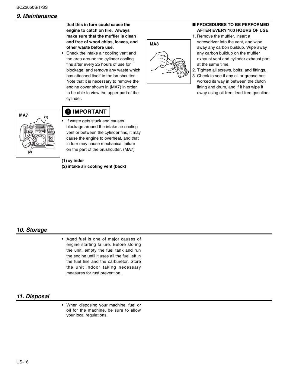 Maintenance, Important, Storage 11. disposal | RedMax BCZ2650SS User Manual | Page 18 / 76