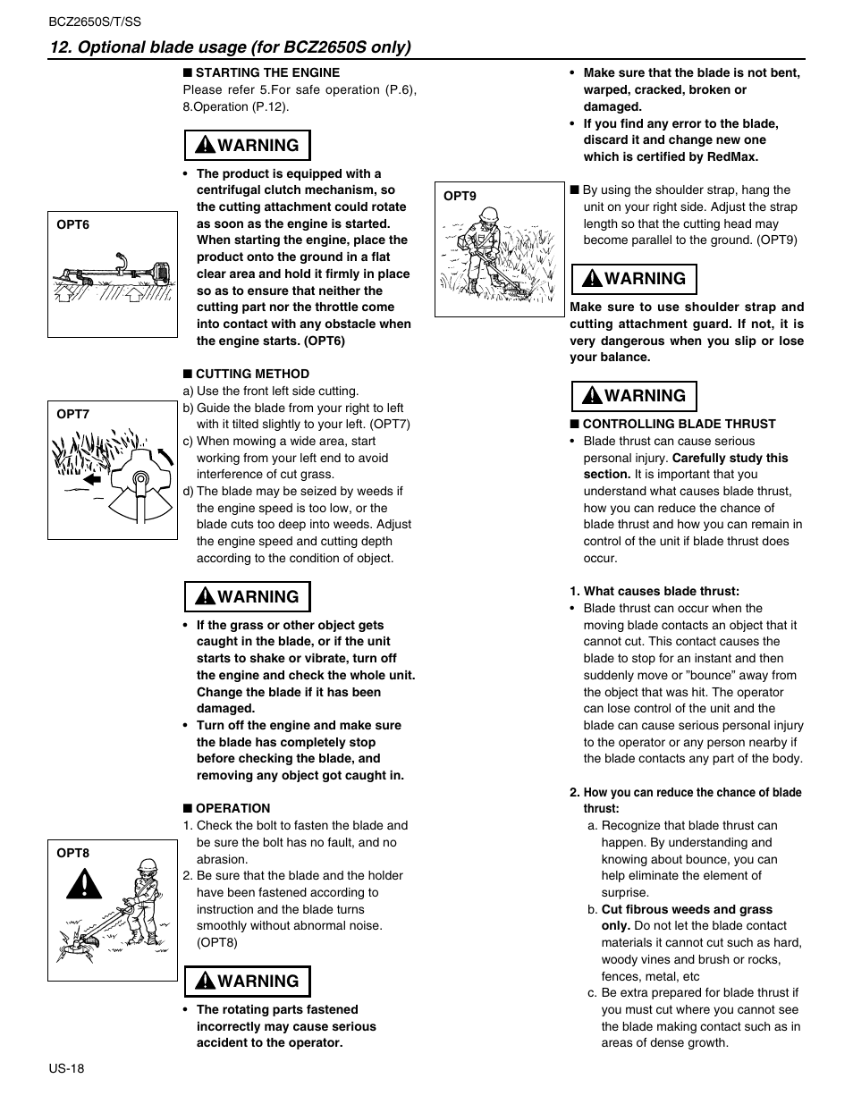Optional blade usage (for bcz2650s only), Warning | RedMax BCZ2650SS User Manual | Page 20 / 76