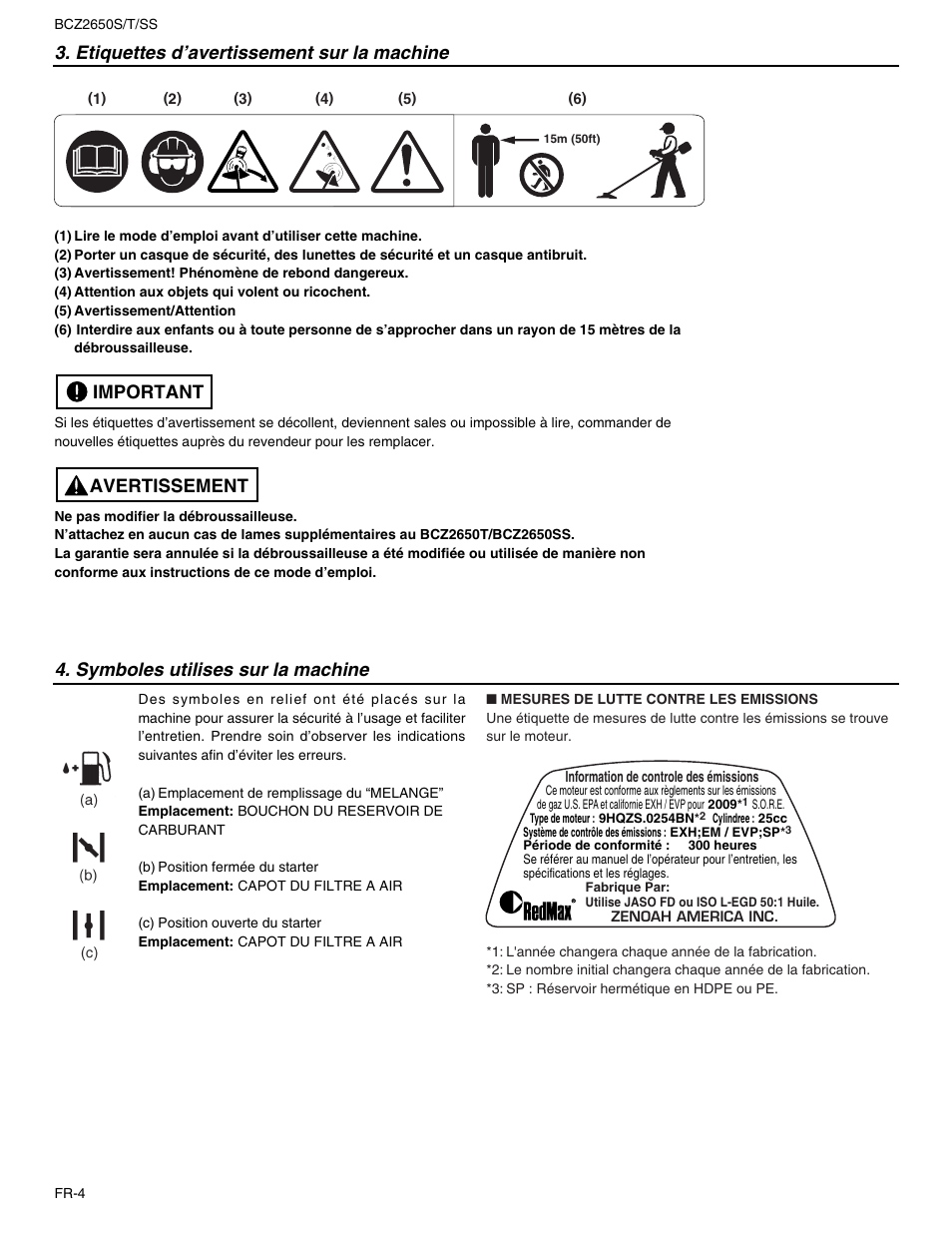 Etiquettes d’avertissement sur la machine, Avertissement important, Symboles utilises sur la machine | RedMax BCZ2650SS User Manual | Page 26 / 76