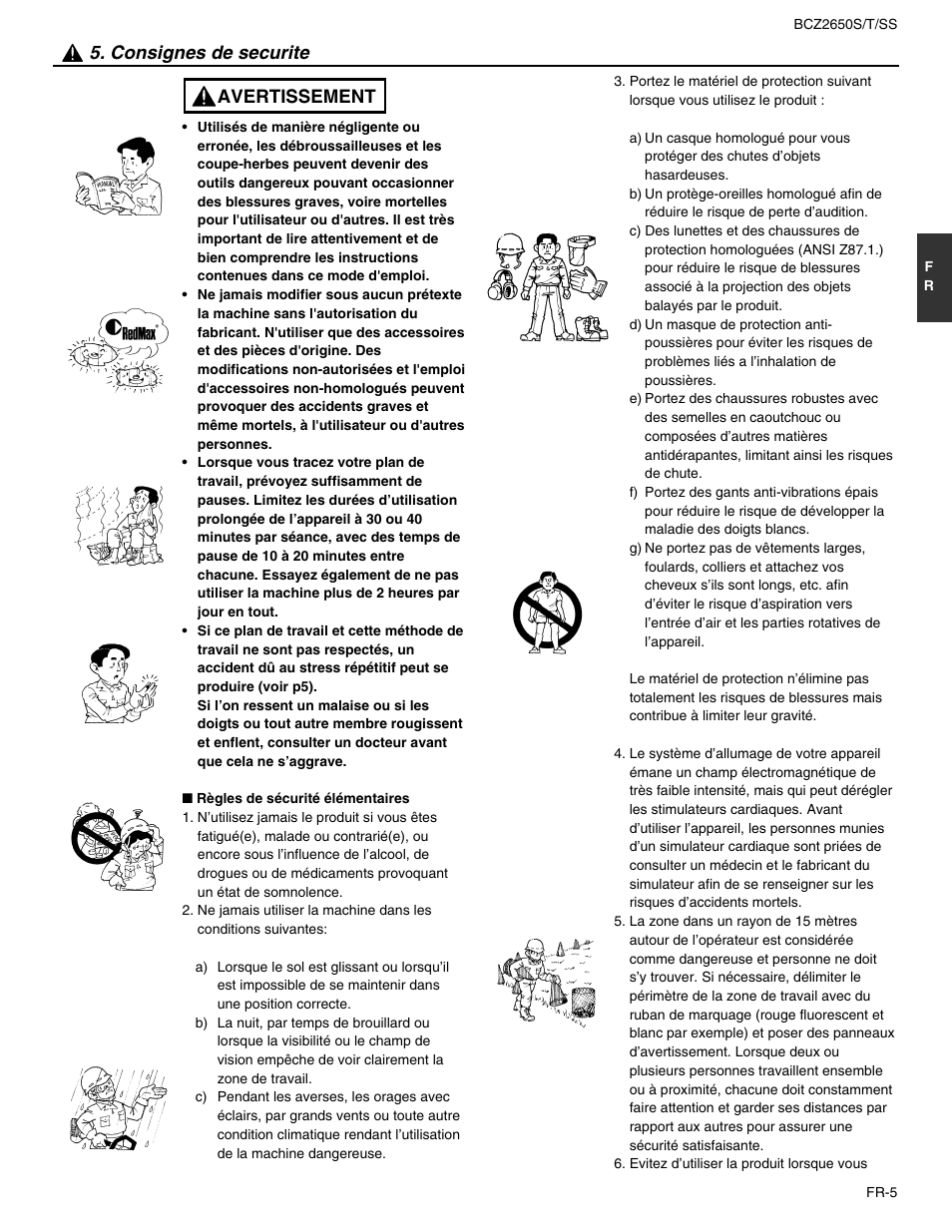 Avertissement 5. consignes de securite | RedMax BCZ2650SS User Manual | Page 27 / 76