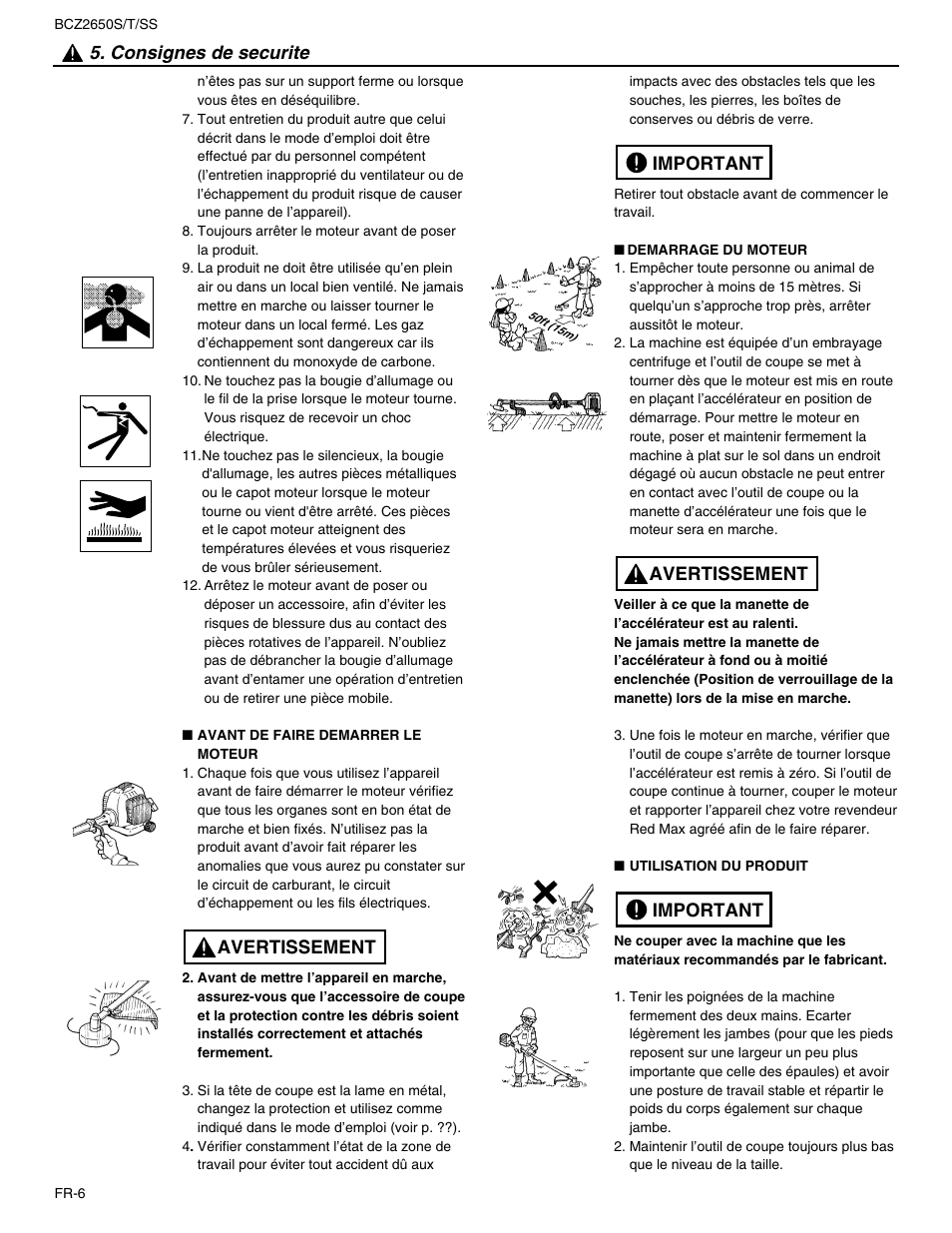 Important avertissement important, Avertissement 5. consignes de securite | RedMax BCZ2650SS User Manual | Page 28 / 76