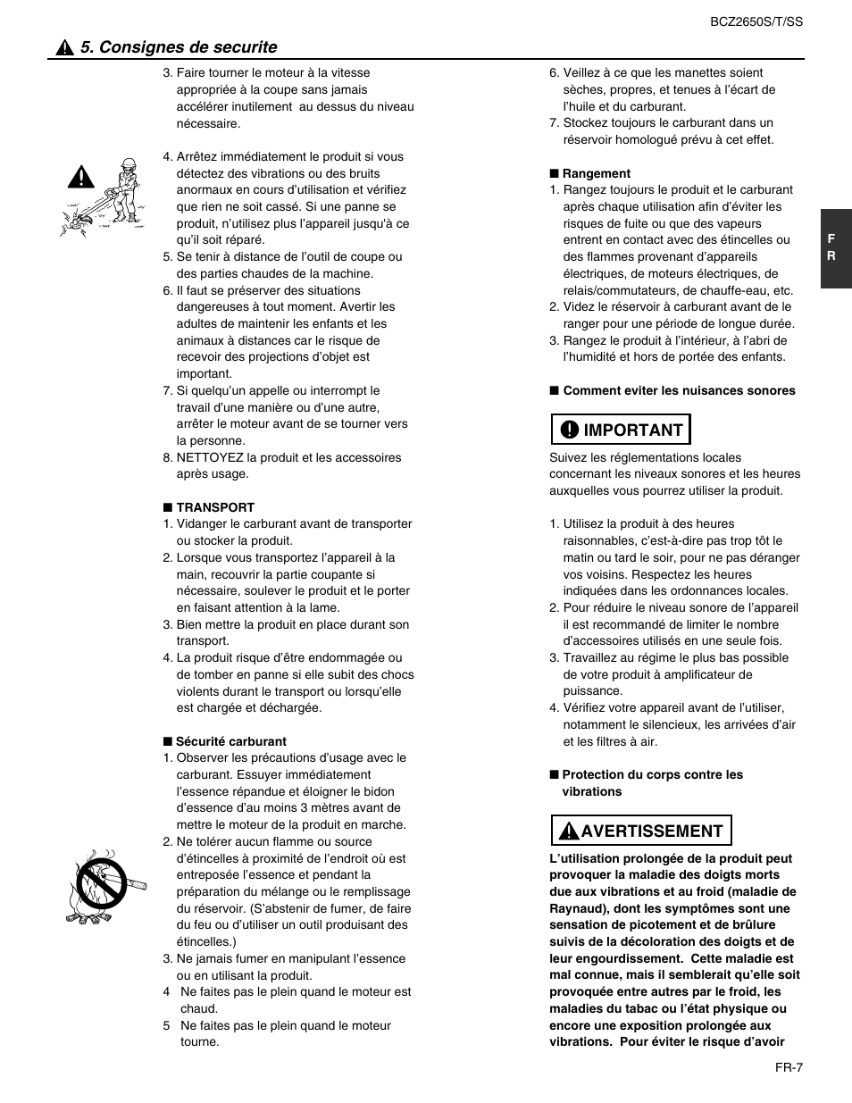 Consignes de securite, Avertissement important | RedMax BCZ2650SS User Manual | Page 29 / 76