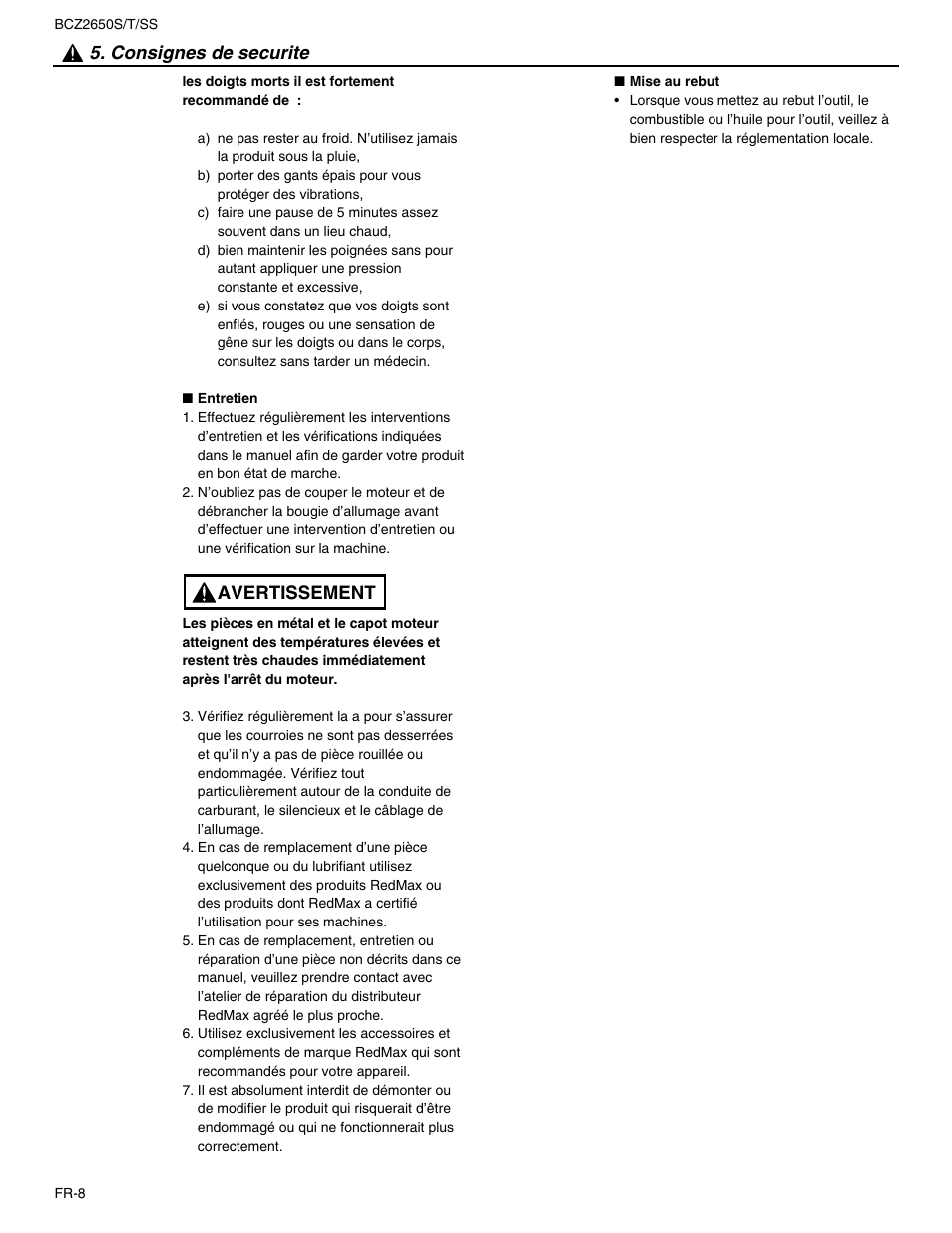 Consignes de securite, Avertissement | RedMax BCZ2650SS User Manual | Page 30 / 76