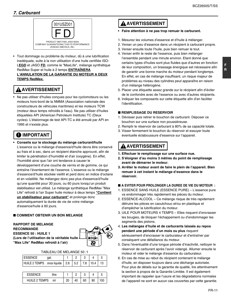 Carburant, Important avertissement, Avertissement | RedMax BCZ2650SS User Manual | Page 33 / 76