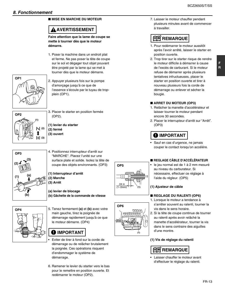 Fonctionnement, Important avertissement, Remarque important remarque | RedMax BCZ2650SS User Manual | Page 35 / 76