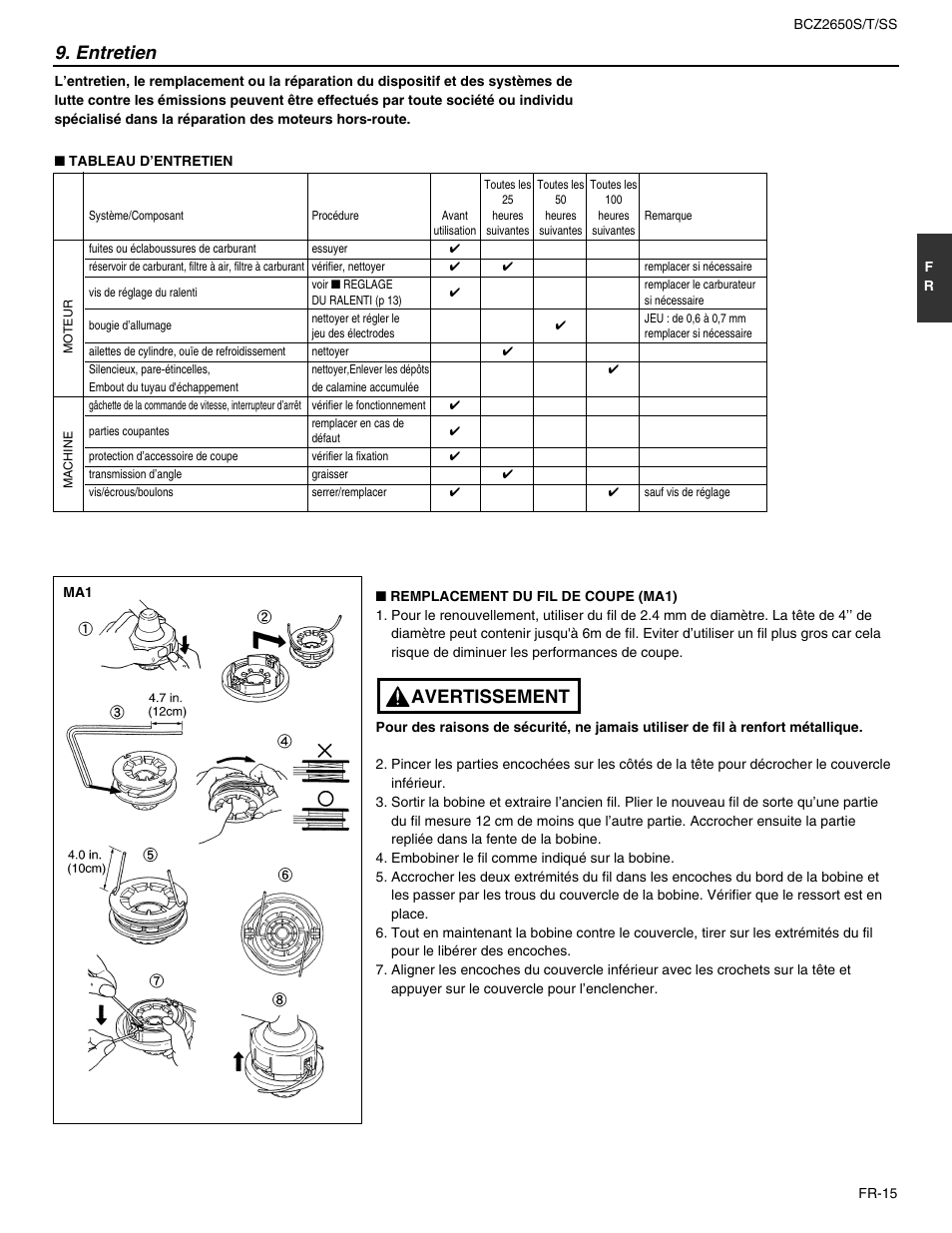 Avertissement, Entretien | RedMax BCZ2650SS User Manual | Page 37 / 76