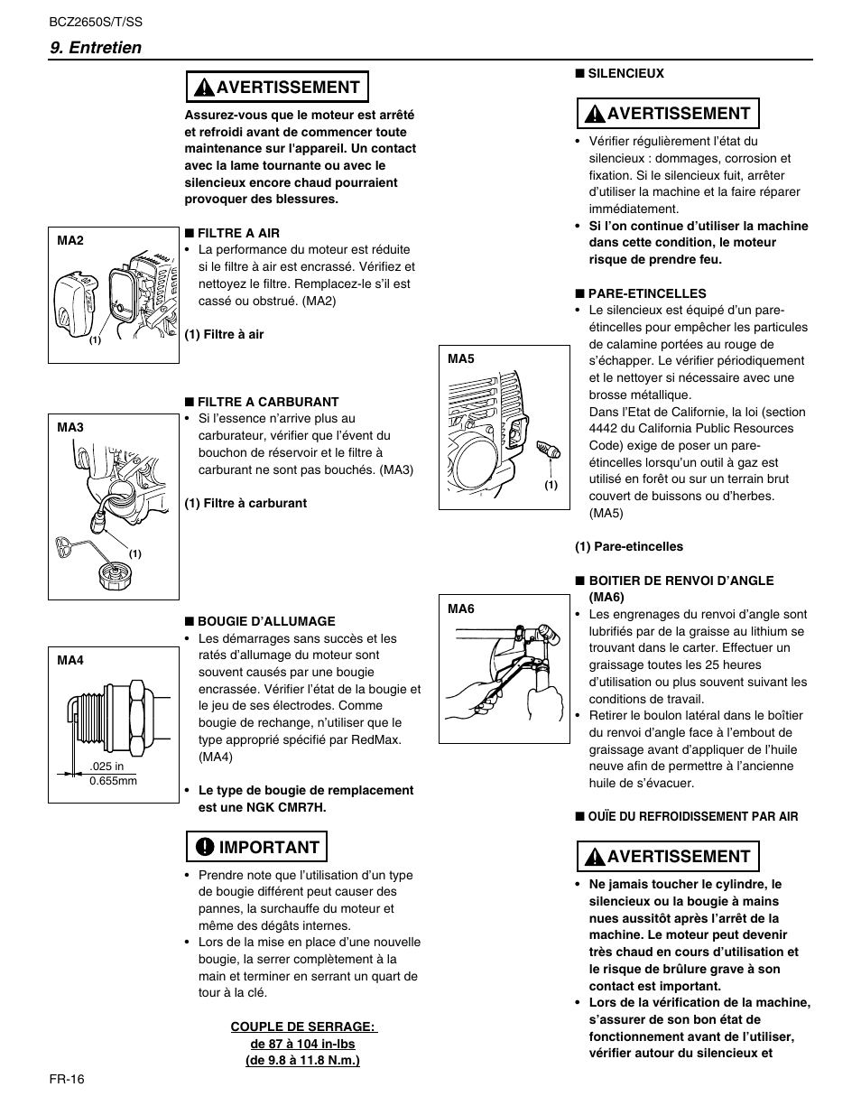 Important avertissement 9. entretien, Avertissement | RedMax BCZ2650SS User Manual | Page 38 / 76