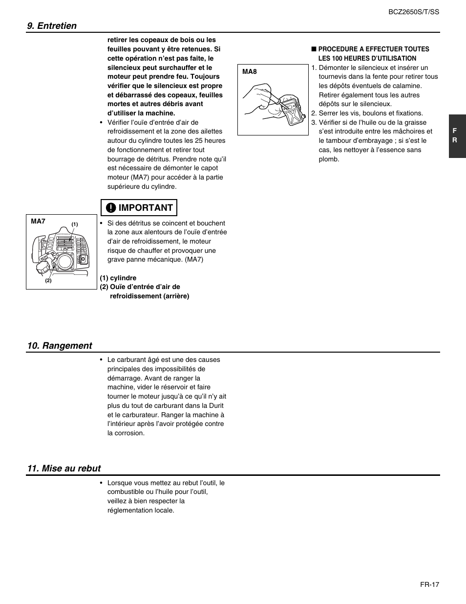 Rangement 11. mise au rebut, Entretien, Important | RedMax BCZ2650SS User Manual | Page 39 / 76