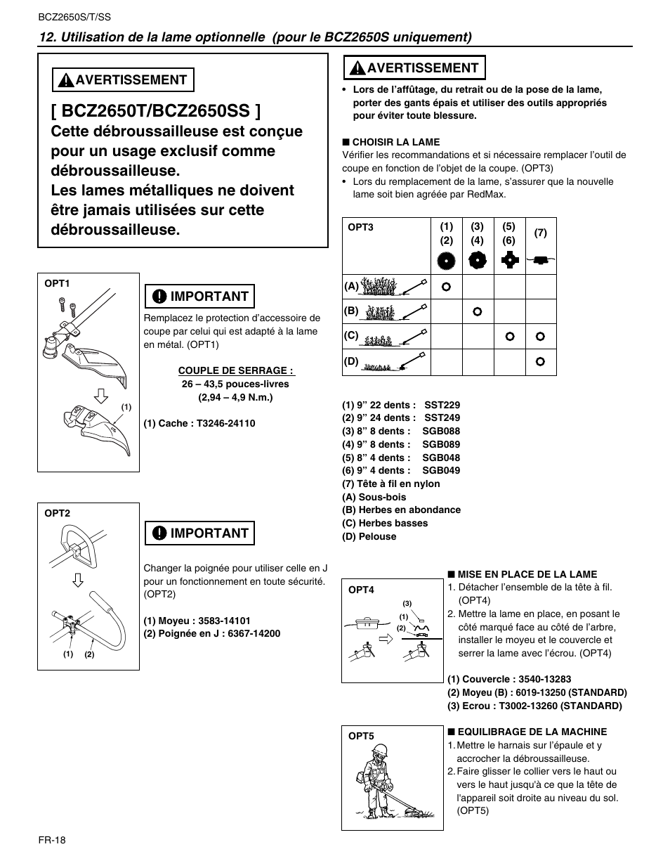 Avertissement, Important | RedMax BCZ2650SS User Manual | Page 40 / 76