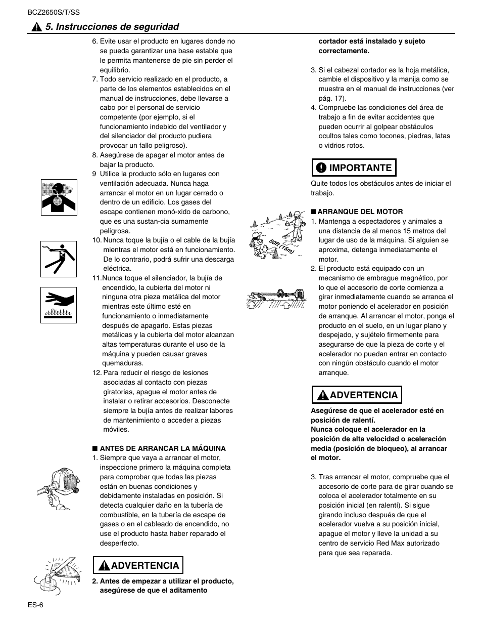 Advertencia 5. instrucciones de seguridad, Advertencia importante | RedMax BCZ2650SS User Manual | Page 50 / 76
