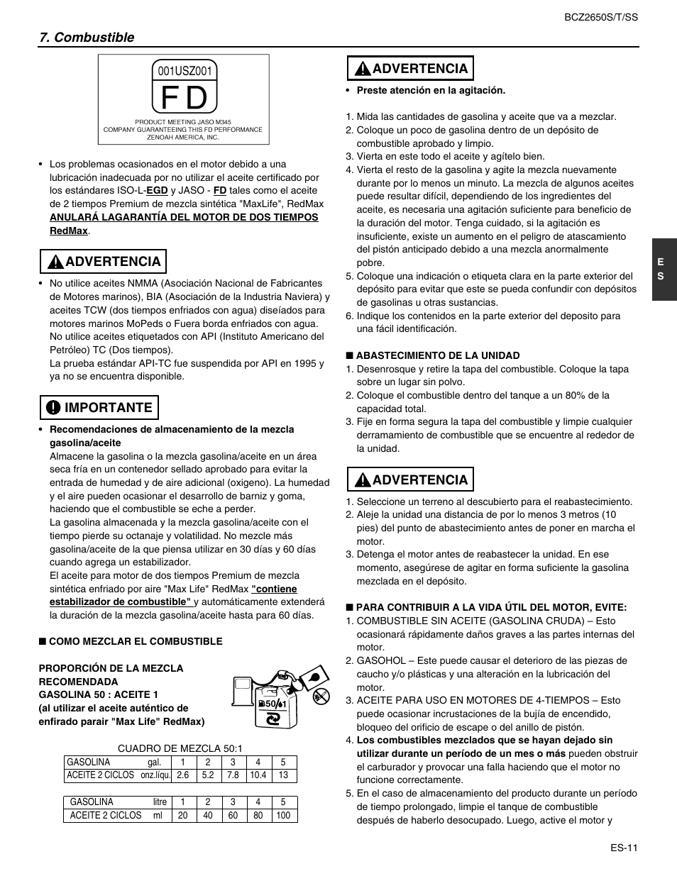 Combustible, Importante advertencia, Advertencia | RedMax BCZ2650SS User Manual | Page 55 / 76