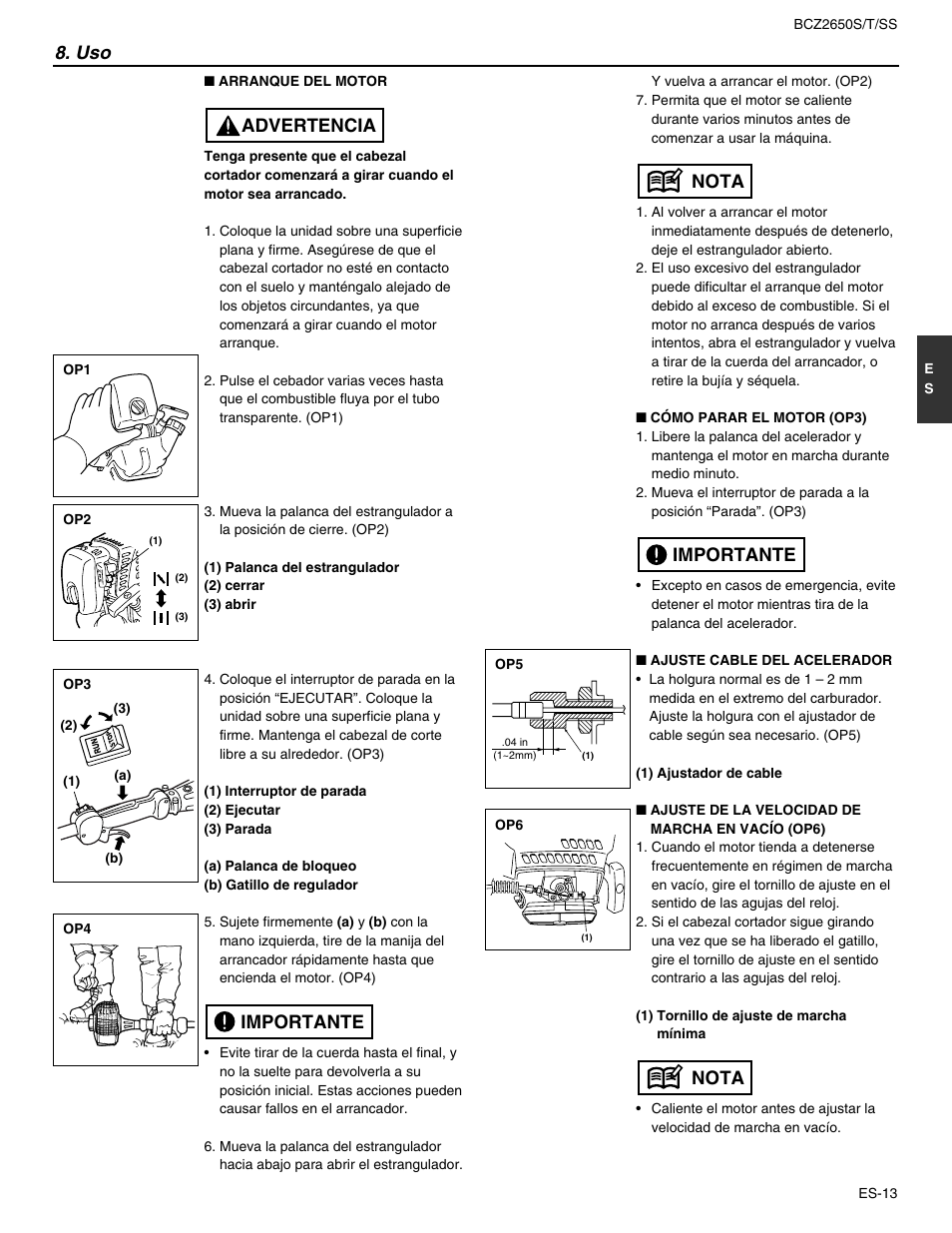 Importante advertencia, Nota importante nota | RedMax BCZ2650SS User Manual | Page 57 / 76