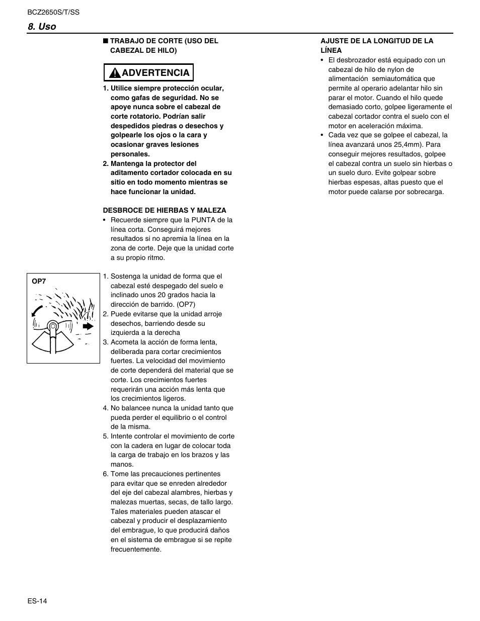 Advertencia 8. uso | RedMax BCZ2650SS User Manual | Page 58 / 76