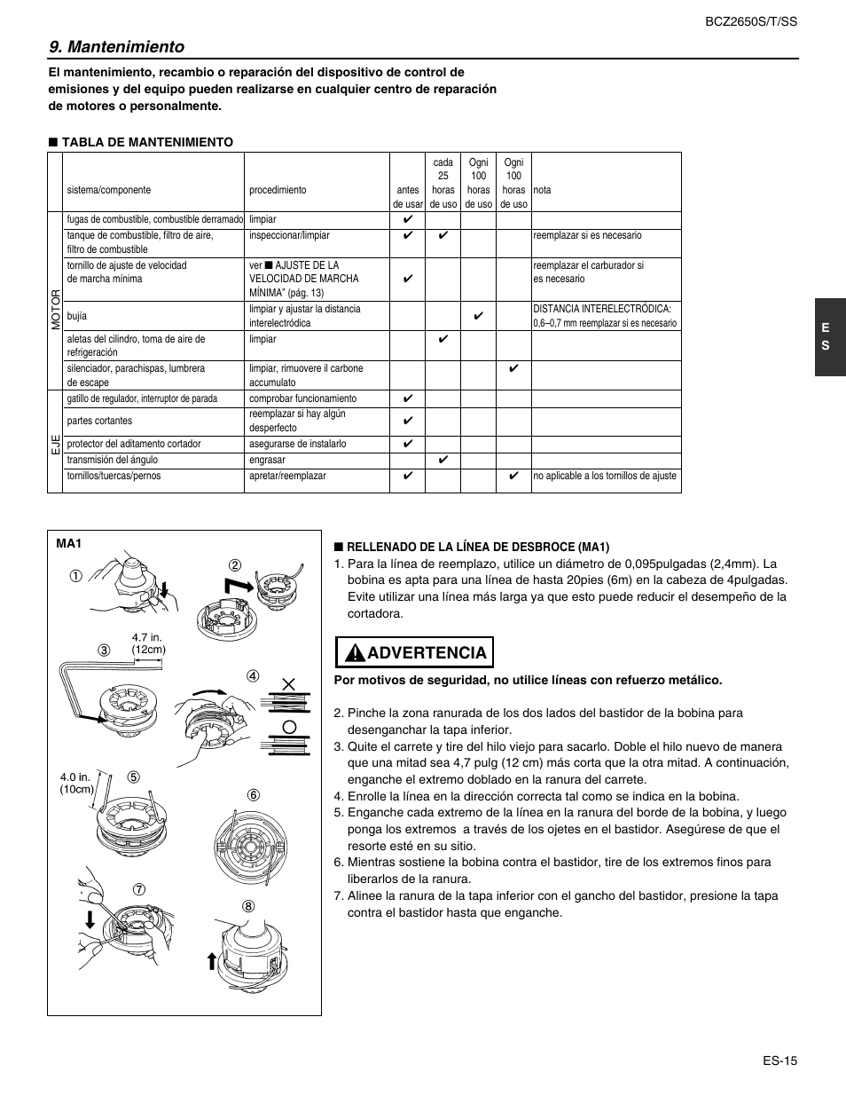 Mantenimiento, Advertencia | RedMax BCZ2650SS User Manual | Page 59 / 76