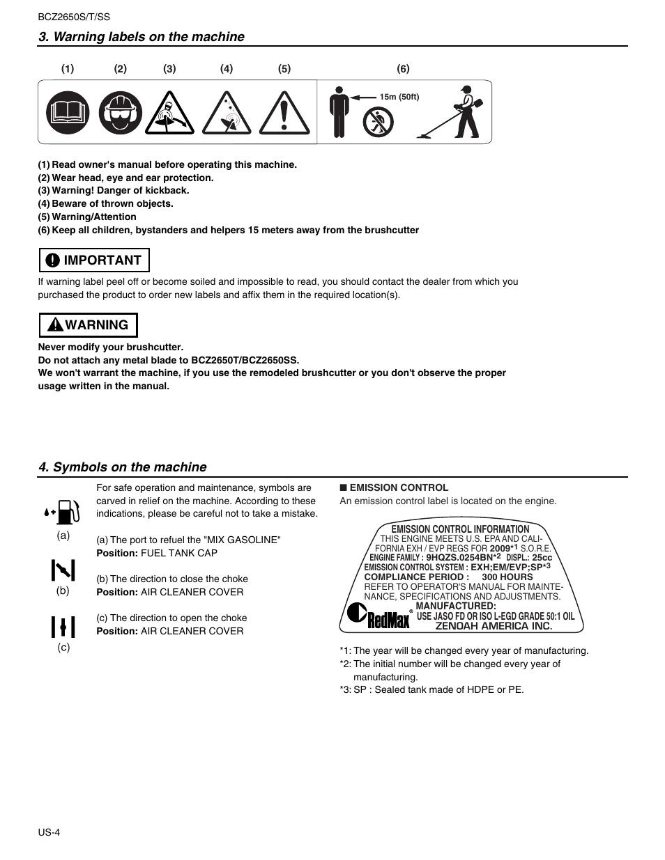 Warning labels on the machine, Warning important 4. symbols on the machine | RedMax BCZ2650SS User Manual | Page 6 / 76