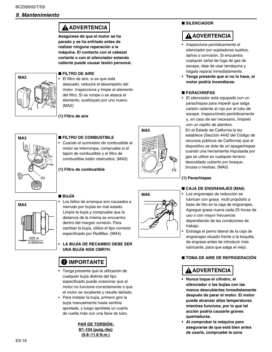 Importante advertencia 9. mantenimiento, Advertencia | RedMax BCZ2650SS User Manual | Page 60 / 76