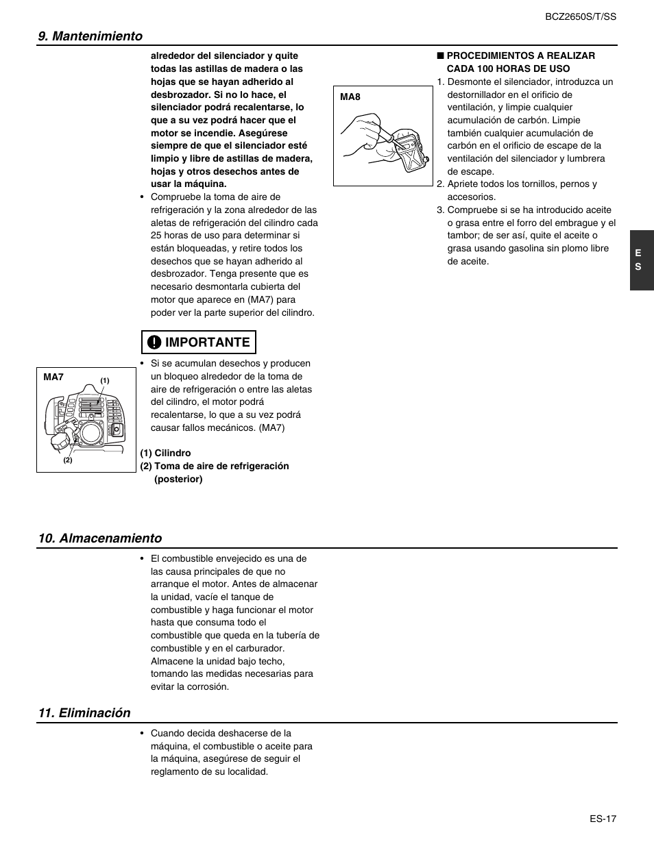 Mantenimiento, Importante, Almacenamiento 11. eliminación | RedMax BCZ2650SS User Manual | Page 61 / 76